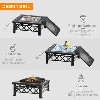 Chimenea de Jardín con Tapa Antichispas y Parrilla para Barbacoa en Metal 76X76X47Cm Negra