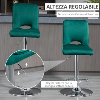 Set de 2 Taburetes de Bar Modernos y Giratorios con Respaldo Alto y Reposapiés, Taburetes de Cocina Acolchados con Altura Ajustable en Tejido Verde, 41X51X97-117Cm