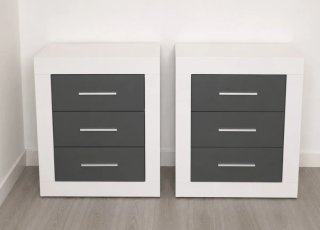 Cabecero + 2 mesitas de noche blanco y gris