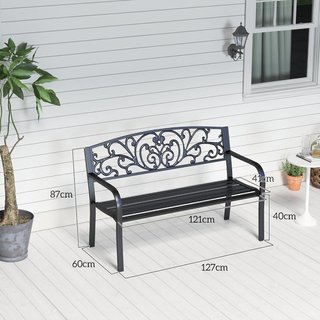 Banco de Jardín de Hierro Fundido y Metal, Banco de Jardín para 2 Personas con Respaldo Alto Decorado, 127X60X89Cm, Negro