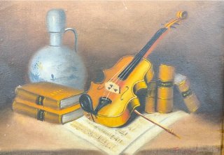Oleo sobre lienzo. Bodegón: violín, libros y jarro