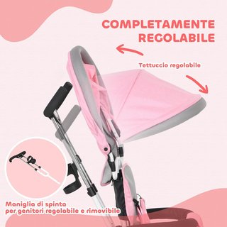 Triciclo para Niños Con Manillar 6 en 1, Cochecito para Niños Con Capota Regulable, Cinturón de Seguridad y Cesta, Edad 1-5 Años, Rosa