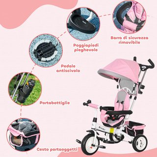 Triciclo para Niños Con Manillar 6 en 1, Cochecito para Niños Con Capota Regulable, Cinturón de Seguridad y Cesta, Edad 1-5 Años, Rosa