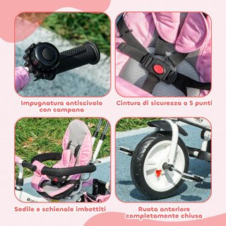 Triciclo para Niños Con Manillar 6 en 1, Cochecito para Niños Con Capota Regulable, Cinturón de Seguridad y Cesta, Edad 1-5 Años, Rosa
