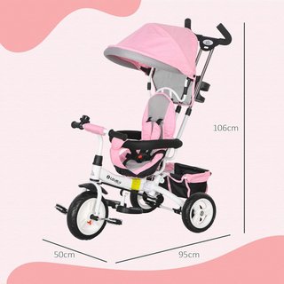 Triciclo para Niños Con Manillar 6 en 1, Cochecito para Niños Con Capota Regulable, Cinturón de Seguridad y Cesta, Edad 1-5 Años, Rosa