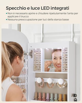 Armario de Joyas de Pared, Espejo de Joyeros, Con Espejo, Cierre y Luz LED y Estantes, para Collares y Pendientes, Superficie Blanca y Forro Greige JJC026W01