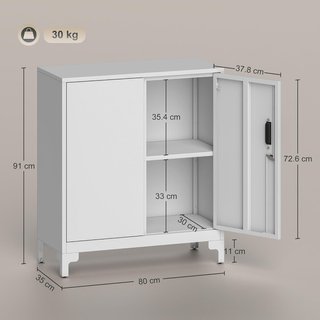 Armario para Documentos de Metal con Cerradura de Llave, Mueble de Oficina con 2 Puertas y 2 Estantes, Mueble Portadocumentos, para Casa Estudio Oficina Garaje, 80X35X91 Cm, Blanco