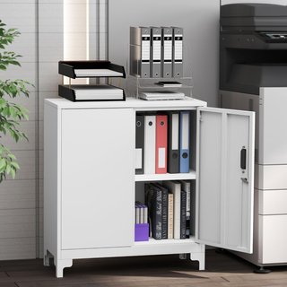 Armario para Documentos de Metal con Cerradura de Llave, Mueble de Oficina con 2 Puertas y 2 Estantes, Mueble Portadocumentos, para Casa Estudio Oficina Garaje, 80X35X91 Cm, Blanco