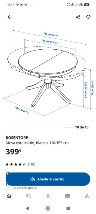 Mesa redonda extensible Ikea Rosentorp 110cm