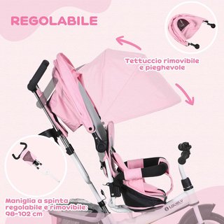 6 en 1 Triciclo para Niños de 1 a 5 Años con Manillar, Toldo Ajustable, Cinturón y Cesta, Paseo Triciclo de Metal y Poliéster, 102X49X102 Cm, Blanco y Rosa