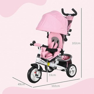 6 en 1 Triciclo para Niños de 1 a 5 Años con Manillar, Toldo Ajustable, Cinturón y Cesta, Paseo Triciclo de Metal y Poliéster, 102X49X102 Cm, Blanco y Rosa