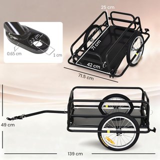 Carrito de Bicicleta Con Paredes Plegables Y Removibles, Gancho Universal Y 2 Catadióptricos, Remolque para Bicicleta de Acero Y PE, 139X71.5X49 Cm, Negro