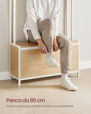 Perchero Con Zapatero Plegable, Mueble De Entrada, Con Banco, 9 Ganchos Y Estante Superior, para Pasillo Dormitorio, Estilo Moderno, Roble Y Blanco HSR405W09