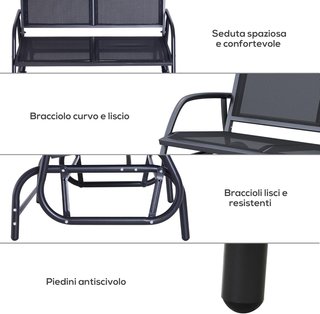 Panca a Dondolo da Giardino per 2 Posti in Metallo e Tessuto a Maglia Traspirante, 120X70X85Cm, Nero