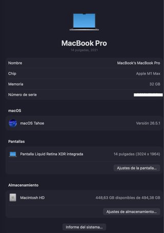 MacBook Pro 14” M1 Max 34 núcleos 32GB RAM (2021)