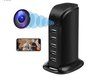 Cámara espía 1080P y cargador USB 5 puertos Negro