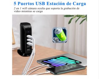 Cámara espía 1080P y cargador USB 5 puertos Negro