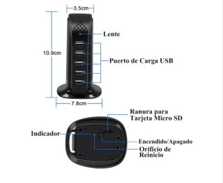 Cámara espía 1080P y cargador USB 5 puertos Negro