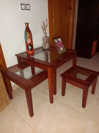 Set 3 Mesitas Nido Madera y Cristal