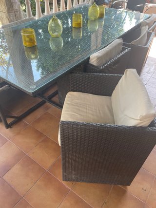 Mesa jardín cristal y 8 sillones ratán