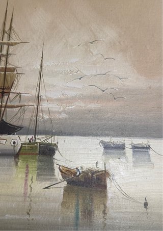 Cuadro óleo en Tabla Marina Velero en Puerto Antig