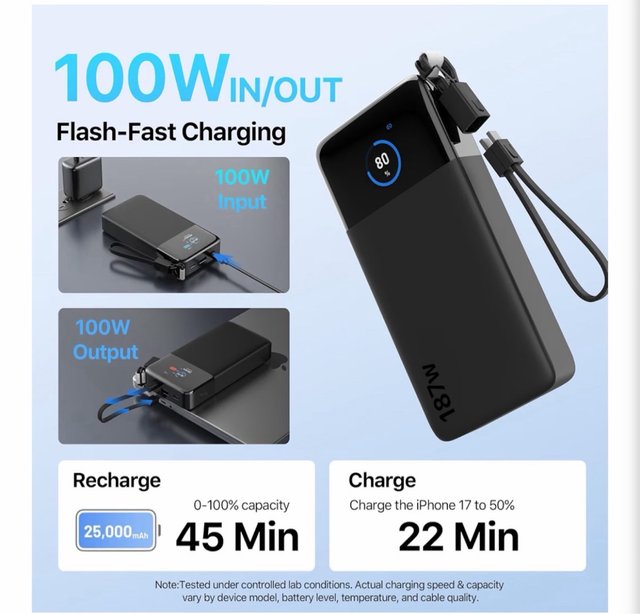 JUOVI Power Bank 25000mAh Carga Rápida 187W