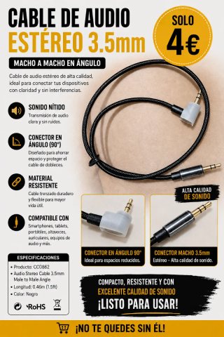 Cable Audio Estéreo 3.5mm Macho Ángulo