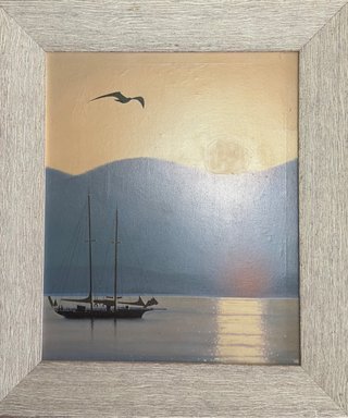 Cuadro Óleo Marina Velero al Atardecer con Marco
