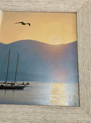 Cuadro Óleo Marina Velero al Atardecer con Marco