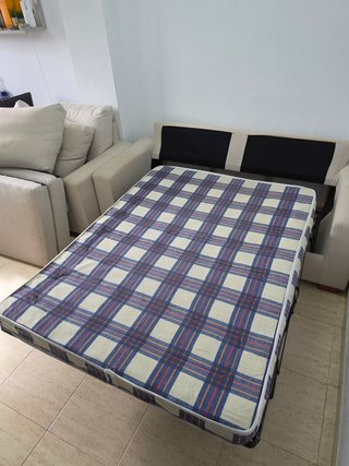 Sofá cama y sillón beige.