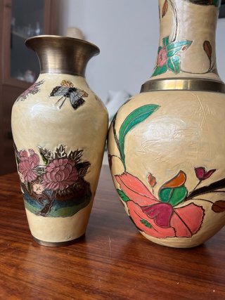 Set 2 Jarrones Vintage Latón Pintados a Mano
