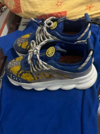 Scarpe Versace Chain Reaction Blu Oro Nuove
