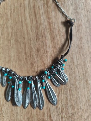Collar Boho Plumas y Abalorios Turquesa