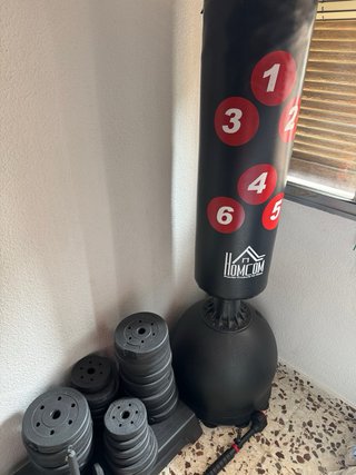 Saco boxeo, pesas, polea y barra dominadas