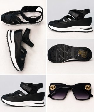 Sandalias de plataforma negras y doradas
