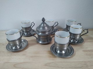 Servizio caffè vintage peltro e porcellana Bavaria