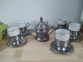 Servizio caffè vintage peltro e porcellana Bavaria