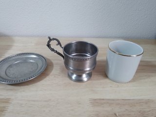 Servizio caffè vintage peltro e porcellana Bavaria