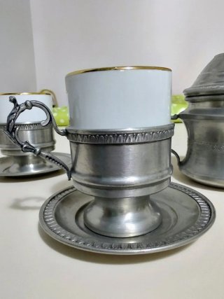 Servizio caffè vintage peltro e porcellana Bavaria