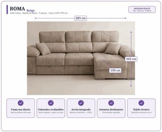 Sofá Cama ROMA 3 Plazas 285cm Arcón