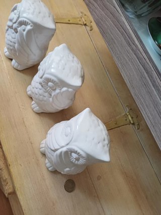 Lote 3 Búhos Cerámica Blancos Decorativos