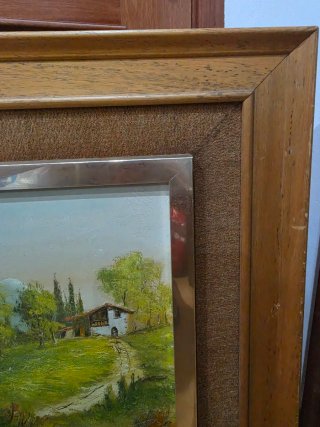 Cuadro paisaje puente río casa