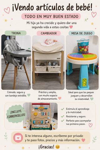 Lote artículos bebé: trona, cambiador, mesa juego