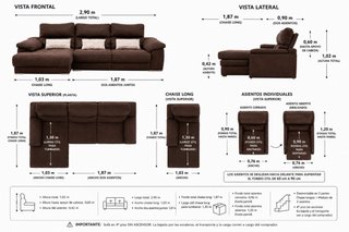 Grande divano chaise longue 3 posti marrone 2,90 m
