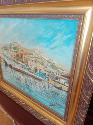 Cuadro Óleo Vintage Puerto Barcos