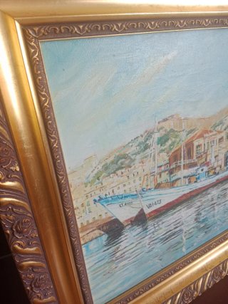 Cuadro Óleo Vintage Puerto Barcos