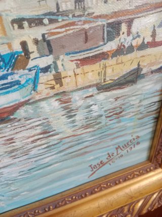 Cuadro Óleo Vintage Puerto Barcos
