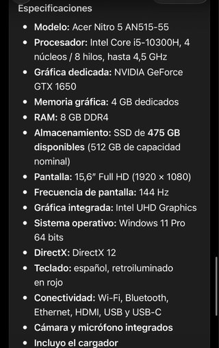 Portátil Acer Nitro 5, Nero e Rosso, con caricabatterie