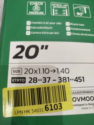 Cámara de bicicleta 20 MOOVMOOV