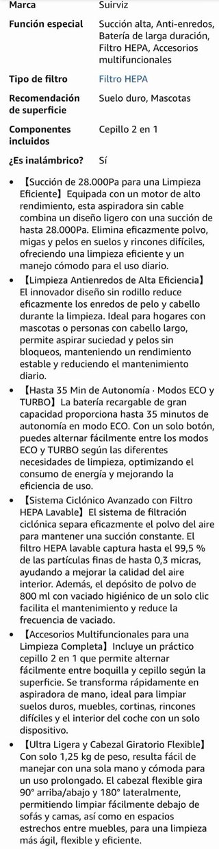 Aspiradora Sin Cable Ligera 1.25Kg 28000Pa 35Min